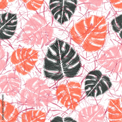 Philodendron jungle foliage floral seamless pattern over noisy background.
