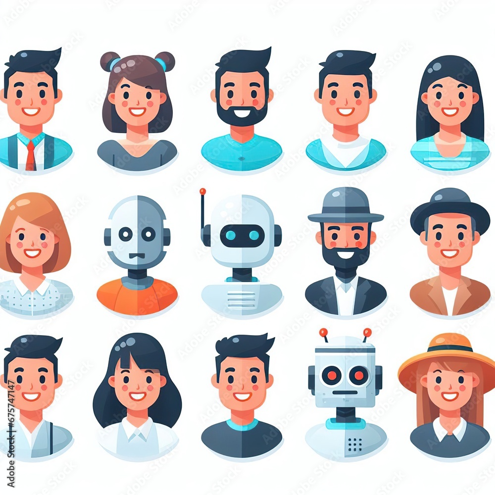 Cartoon style futuristic Robot and human together avatar set Cartoon style futuristic Robot and human together avatar set