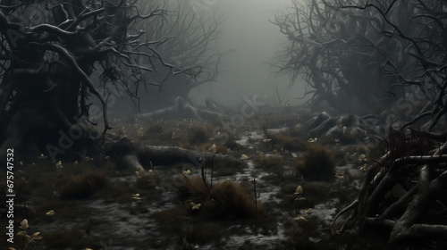 Gloomy swamp with barren trees and mist enveloping the eerie landscape.