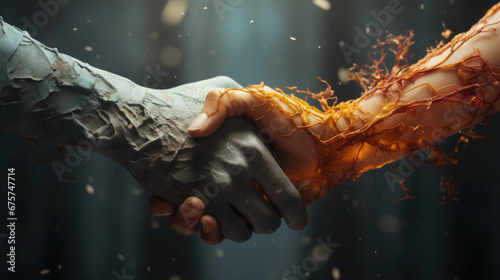 Two hands clasping in unity, one fiery and one stone-like, symbolic.