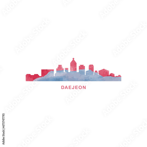 Daejeon watercolor cityscape skyline city panorama vector flat modern logo, icon. South Korea megapolis emblem concept with landmarks and building silhouettes. Isolated graphic