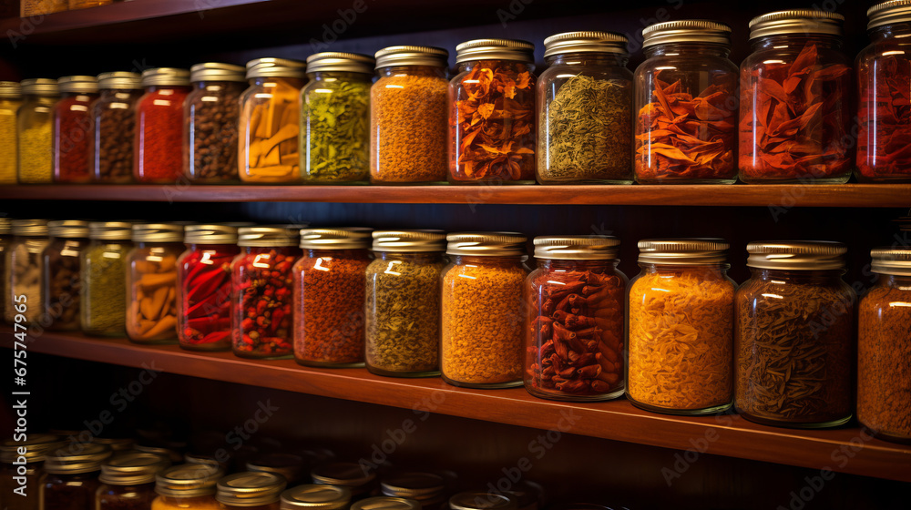 Spices arranged on shelves