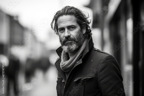 Portrait of a handsome bearded man in a coat and scarf. Black and white.