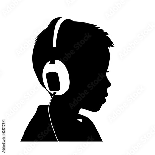 Kid with headphones listening to music black icon on white background. Kid with headphones listening to music silhouette
