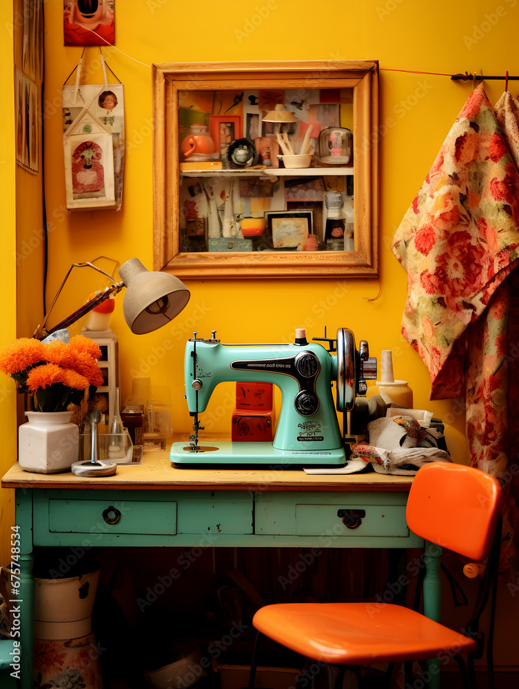 Colorful and chaotic tailors atelier with fabrics, threads and a sewing machine