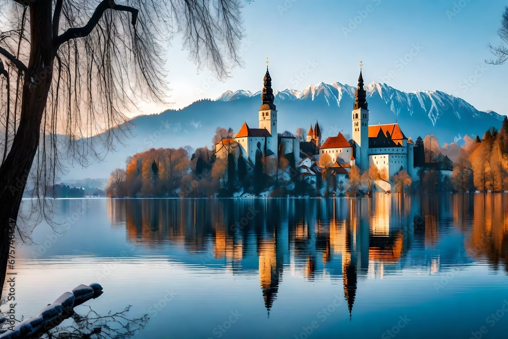 Beautiful view of famous Bled Island  - obrazy, fototapety, plakaty 