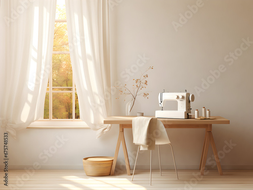 Beige minimalistic tailors atelier with a sewing machine on table  white walls with light and shadow