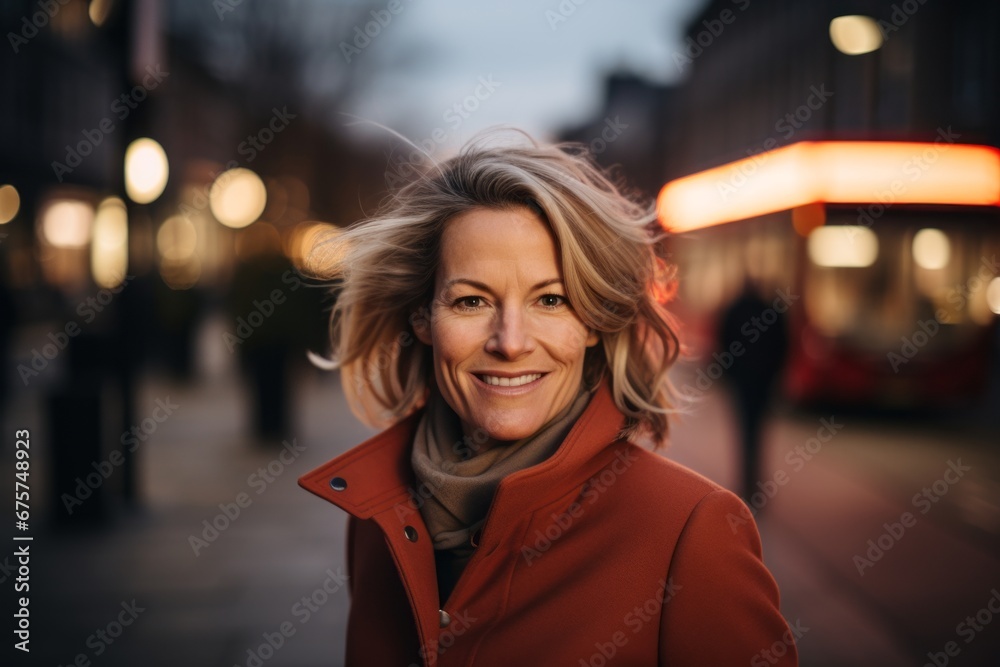 Portrait of a beautiful middle-aged woman with blond hair in the city