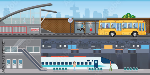 Public transit service design elements with city bus and subway.