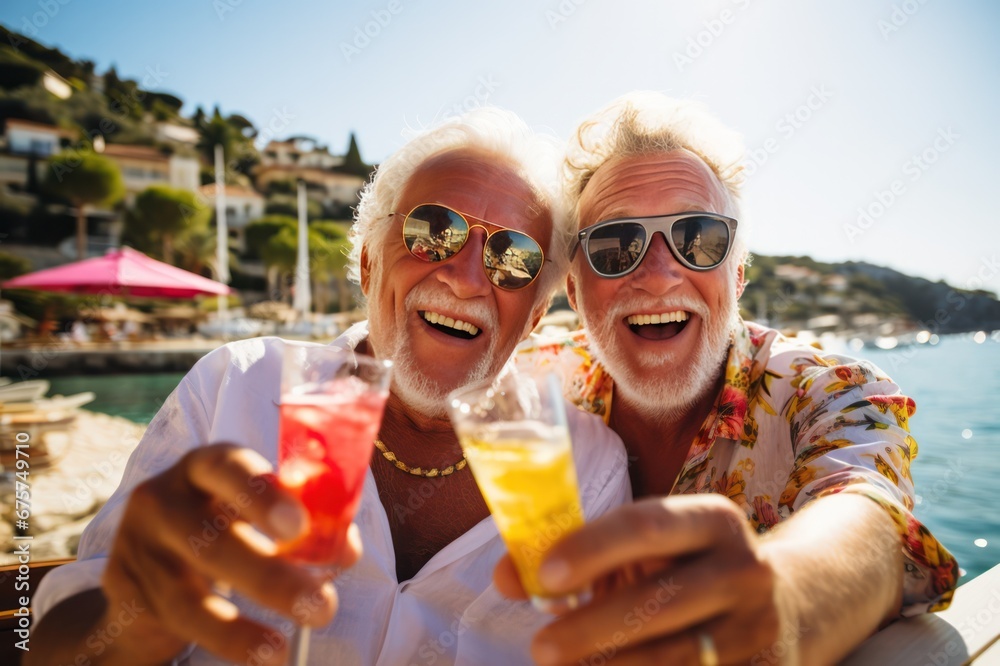 two senior men on vacation in Europe, happy gay couple traveling together, having fun and enjoying life two senior men on vacation in Europe, happy gay couple traveling together, having fun and enjoying life