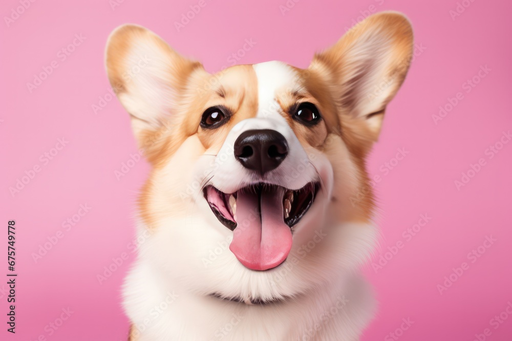 welsh corgi Pembroke dog closeup portrait smiling with tongue out on pink background. Grooming salon, vet clinic poster.