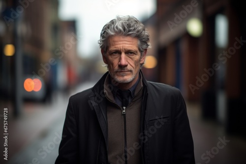 Handsome middle aged man with grey hair wearing a black jacket on a city street.