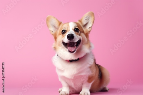 welsh corgi Pembroke dog smiling with tongue out sitting on pink background. Grooming salon, vet clinic poster.