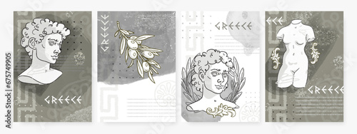Set of poster, banner, cover template with hand drawn greek statue, bust, olive branch. Greece culture antique vector background. Historical modern art illustration