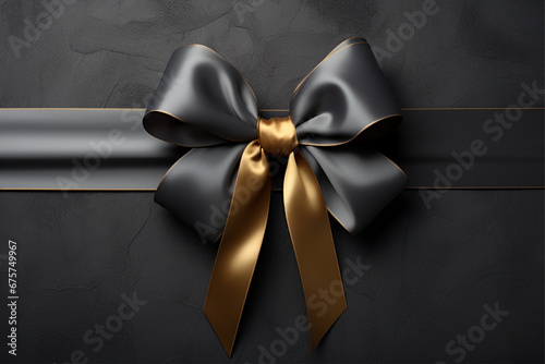 black friday arrangement on black background with copy space, gift box wrapped in black ribbon on a black background photo