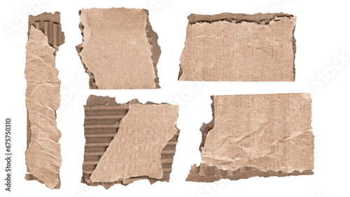 collection of torn and ripped cardboard pieces frames with jagged edges in Y2K retro style, png isolated kraft cardboard objects of various shapes on transparent background 