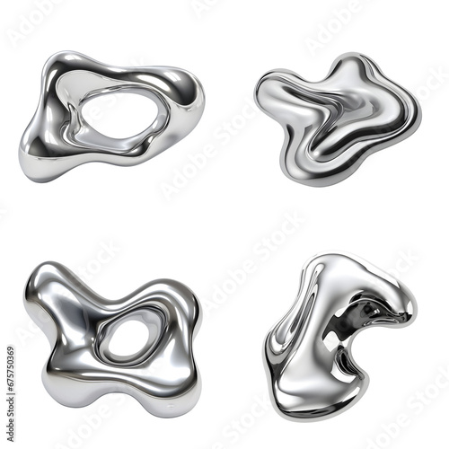 Set of abstract shape silver metalic liquid on transparent background photo