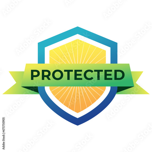 Protection, protected shield concept with banner. Safety badge icon. Security label. Vector illustration