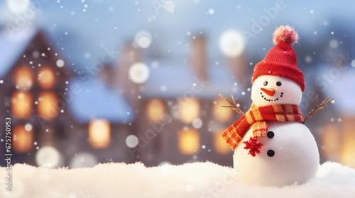 Winter background with houses lights snowfall and snowman