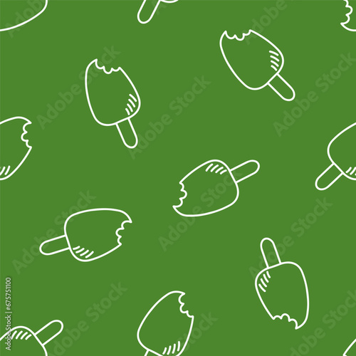 Green seamless pattern with white outline ice cream