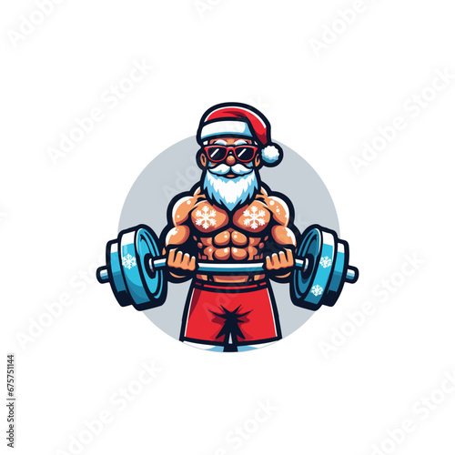 santa logo mascot logo of santa weightlifting, Christmas gym logo,  santa doing excercise, santa lifting heavy weights logo, gym logo, mascular santa illustration photo