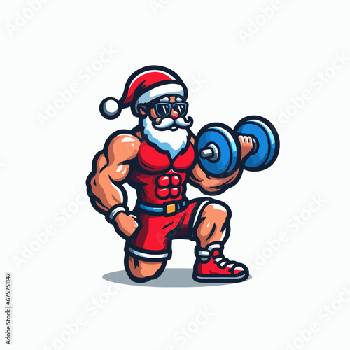 santa logo mascot logo of santa weightlifting, Christmas gym logo,  santa doing excercise, santa lifting heavy weights logo, gym logo, mascular santa illustration