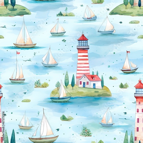 watercolor illustration of a lighthouse and boats