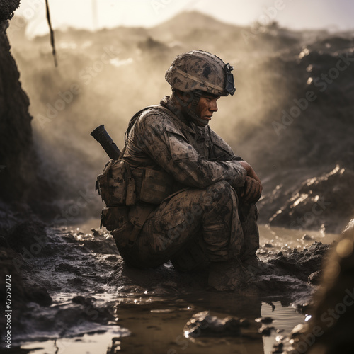 A reflecting soldier in the middle of the war
