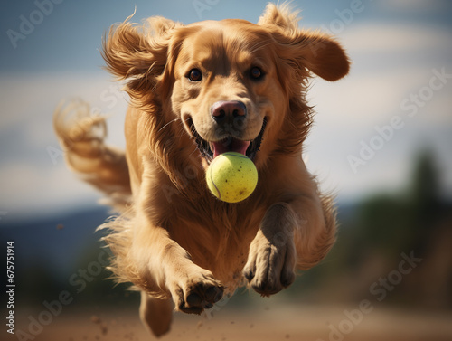 golden retriever hund rassehund jagt nache einem ball tennisball hundesprot gassi umwelt photo