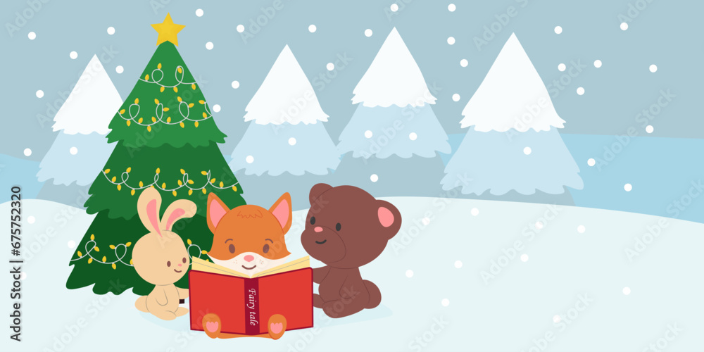 Forest animals read book about Christmas fairy tales. Vector illustration. cute Fox read book in the winter forest, bear and rabbit read fairy tales. Forest animals read book about Christmas fairy tales. Vector illustration. cute Fox read book in the winter forest, bear and rabbit read fairy tales.