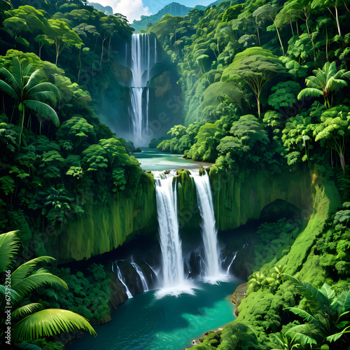 Verdant Cascade  Majestic Waterfall in Lush Tropical Haven. generative AI