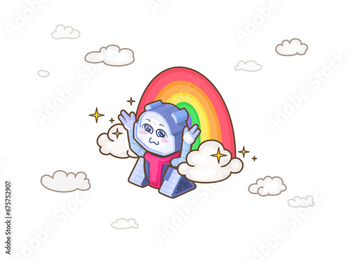 Isometry cute robot character with rainbow among the clouds. Success illustration. Joy concept. Good for animation. Nice vector UI illustration for your business.
