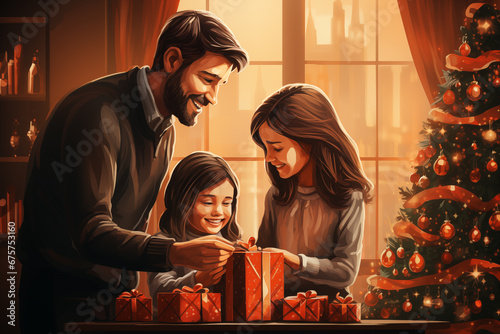 Cozy Christmas scene, Illustration of a family near Christmas Tress