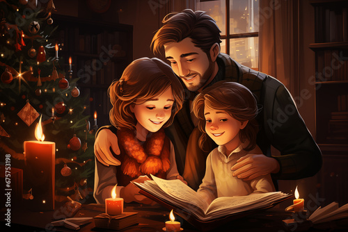 Cozy Christmas scene  Illustration of a family near Christmas Tress