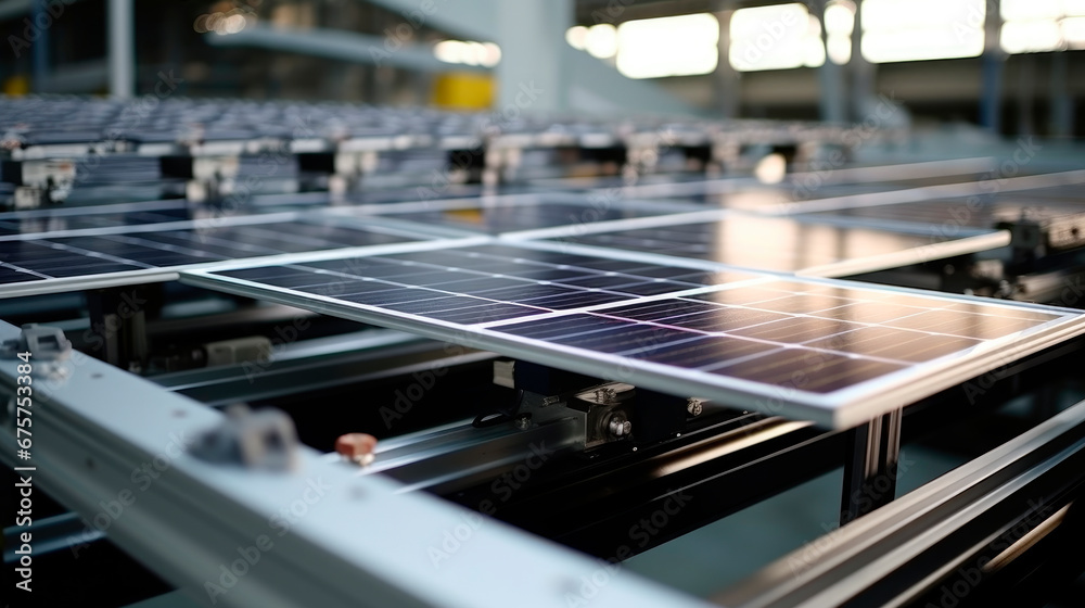 Manufacturing of solar panel system in factory. Industry concept. Manufacturing of solar panel system in factory. Industry concept.