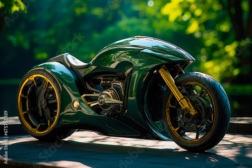 A futuristic green glossy electric motorcycle in a sustainable green city on a bright sunny day