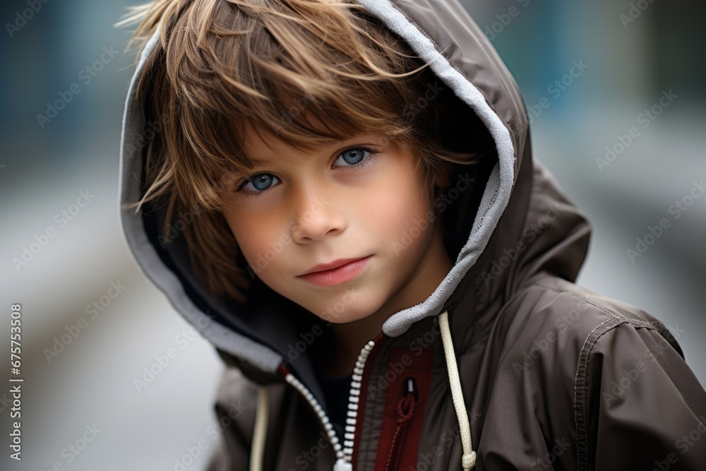 Portrait of a beautiful little boy in a warm jacket with hood Portrait of a beautiful little boy in a warm jacket with hood