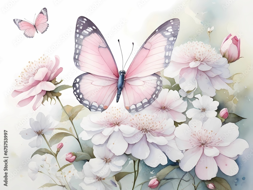 A delicately graceful pink butterfly floats amidst a cluster of pristine white flowers 
