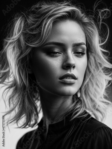 portrait of young blonde woman on a black background. Black and white photo