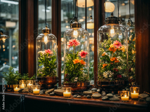 Florariums with flowers and stones hang among the Edison blubls lamps from the ceiling and mirroring in window. Decor. Reception