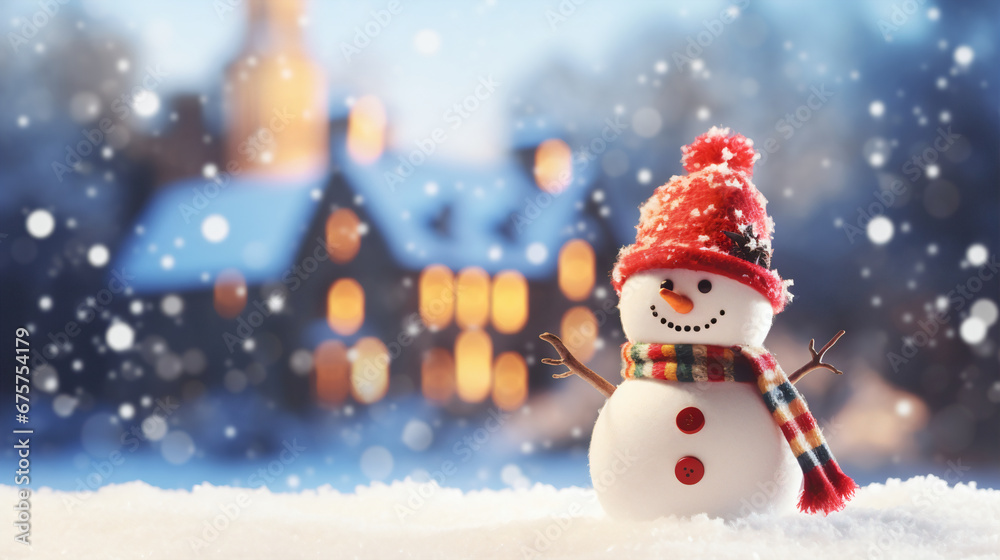 Winter background with houses lights snowfall and snowman