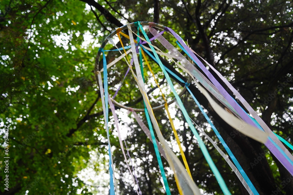 Colored ribbons, a festive decoration for the garden.