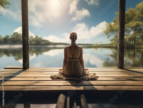 frau sportlich beim entspannen joga yoga pilatis meditieren auf einem steg an einem see entspannugn pur fiktiv