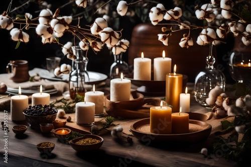 Write a poem that evokes the sensory delights of the cotton flowers and aroma candles on the stylish table