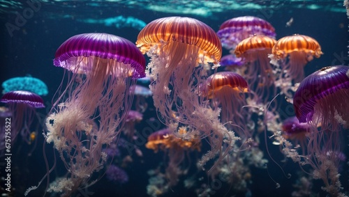 jelly fish in the aquarium.ellyfish species, from iridescent blues to radiant purples, and how they create an underwater spectacle