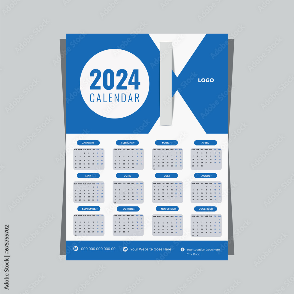 Vector 2024 calendar template with minimal style for new year, Calendar