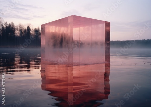 Un cuadrado gigante y transparente en mitad de un lago con niebla densa photo