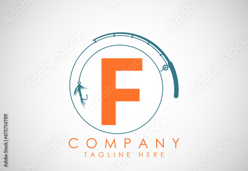 Initial alphabet F with fishing rod and hook. Fishing logo concept vector illustration.