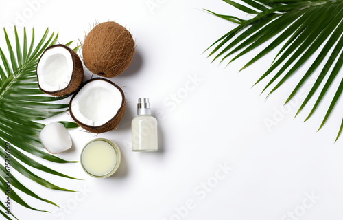 coconuts and coconut oil with tropical leaves onwhite bathroom background photo