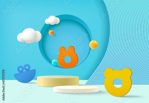 3D cylinder pedestal podium with circle scene background. Abstract minimal scene for mockup products, stage for showcase, promotion display. Vector geometric forms.